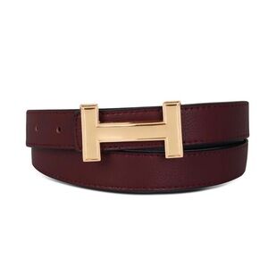 Classic H Gold Logo Leather Belt | Reversible Burgundy/Black (US Size 4-8)